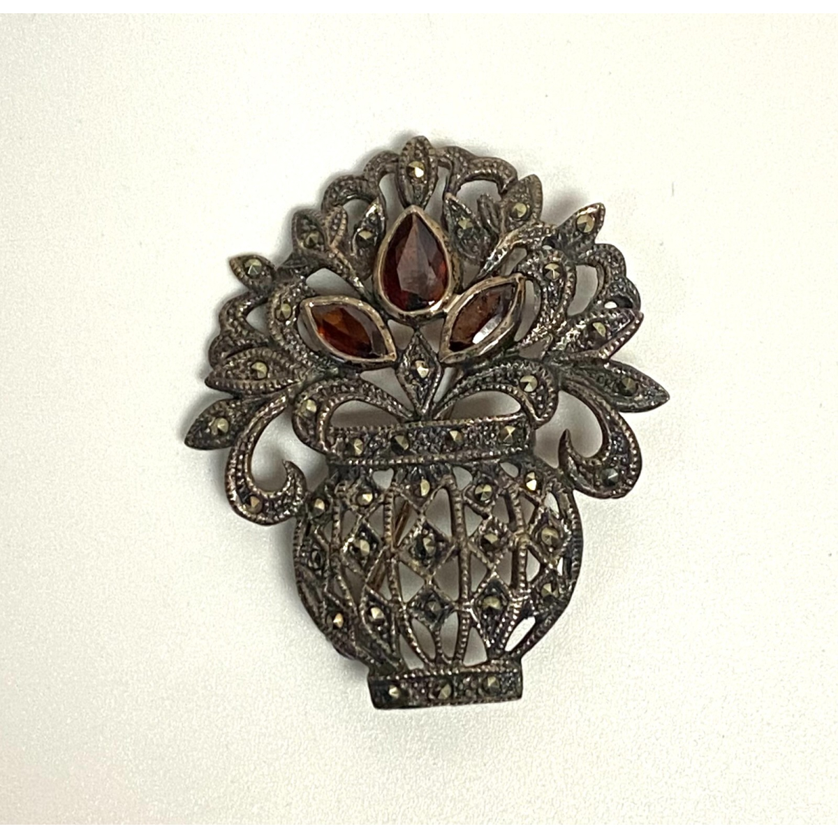 Sterling Silver 925 Garnet & Marcasite Pendant