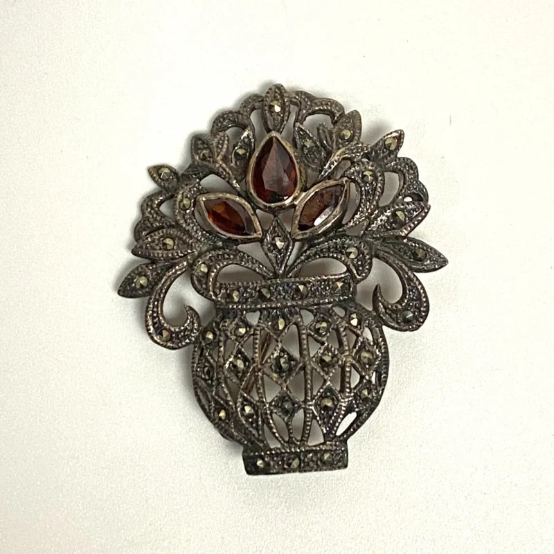 Sterling Silver 925 Garnet & Marcasite Pendant