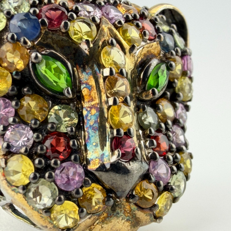 Multi Gemstone Silver Panther/Jaguar Head Ring Sz.11