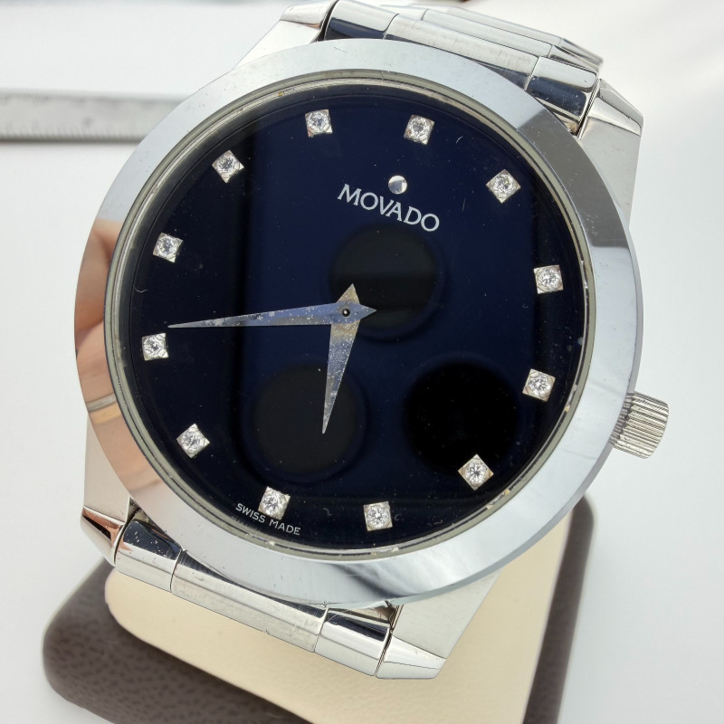 Movado Stainless Steel 38mm Black Dial Diamond Markers Men's Watch Bracelet