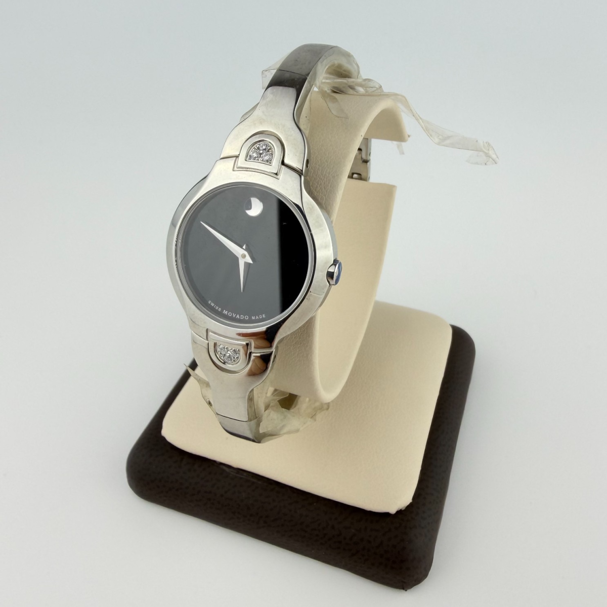 MOVADO Museum Stainless Steel Black Dial Bangle 6 Diamond Women's Watch