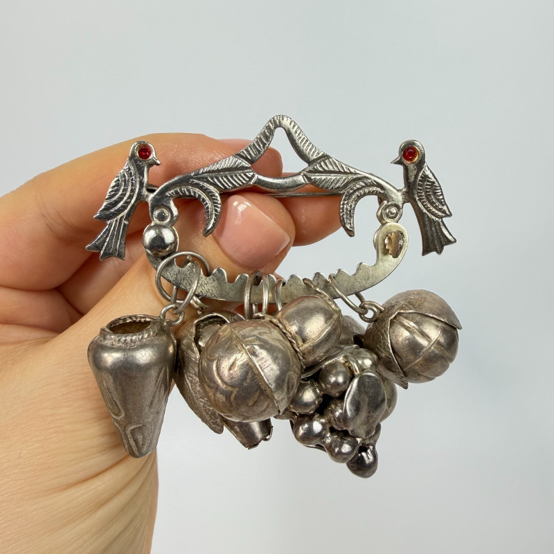 Antique Brazilian Amulet Silver Brooch Pin PENCA DE BALANGANDAN with 7 Charms