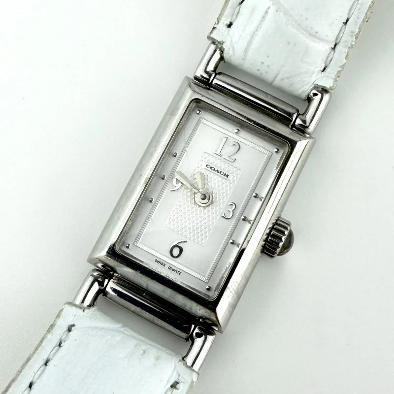 Coach Vintage Silver Tank Watch White Leather Strap - Rectangular Ladies Watch