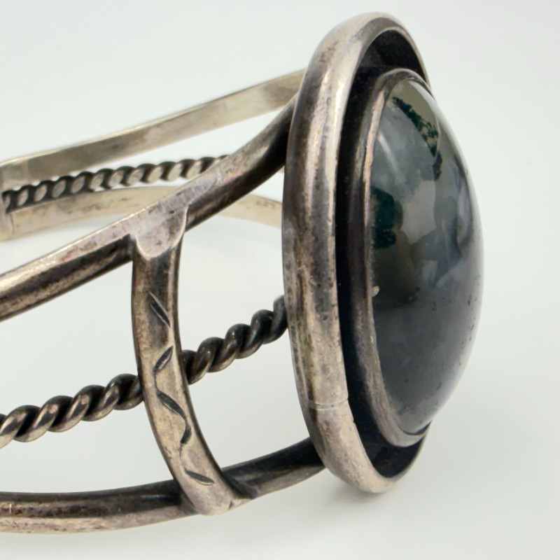 Native American Style Sterling Silver Oval Black&White Agate Stone Cuff Bracelet