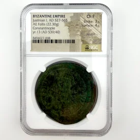 BYZANTINE EMPIRE Justinian I AE Follis Constantinople yr.13 (AD 539/40) NGC Ch F