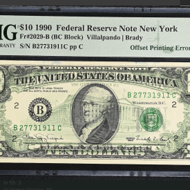 1990 $10 FRN New York Offset Printing Error Back to Front PMG 55 B2773 1911C