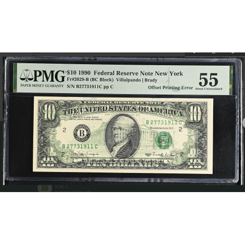 1990 $10 FRN New York Offset Printing Error Back to Front PMG 55 B2773 1911C 1990 $10 FRN New York Offset Printing Error Back to Front PMG 55 B2773 1911C
