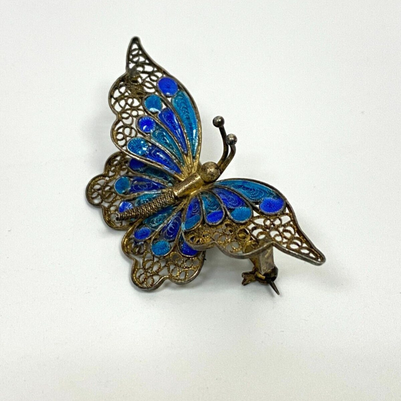 Vintage 800 Silver and Enamel Butterfly Pin