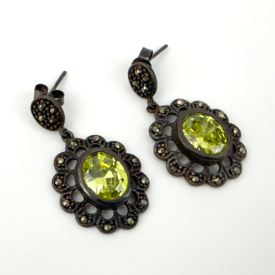 Dee Berkley Jewelry Co. Sterling Silver Oval Cut Peridot and Marcasite Earrings