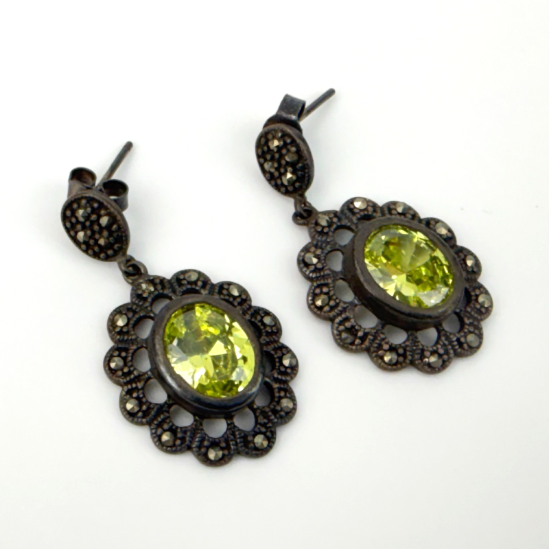 Dee Berkley Jewelry Co. Sterling Silver Oval Cut Peridot and Marcasite Earrings
