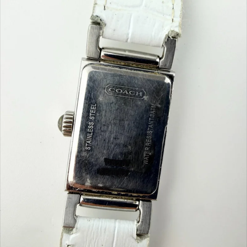 Coach Vintage Silver Tank Watch White Leather Strap - Rectangular Ladies Watch