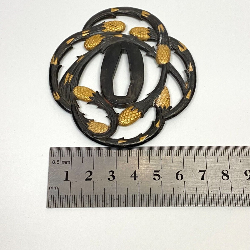 Antique Japanese Tsuba - Iron Sword Guard with Gold Inlay - Pinecone Motif Antique Japanese Tsuba - Iron Sword Guard with Gold Inlay - Pinecone Motif