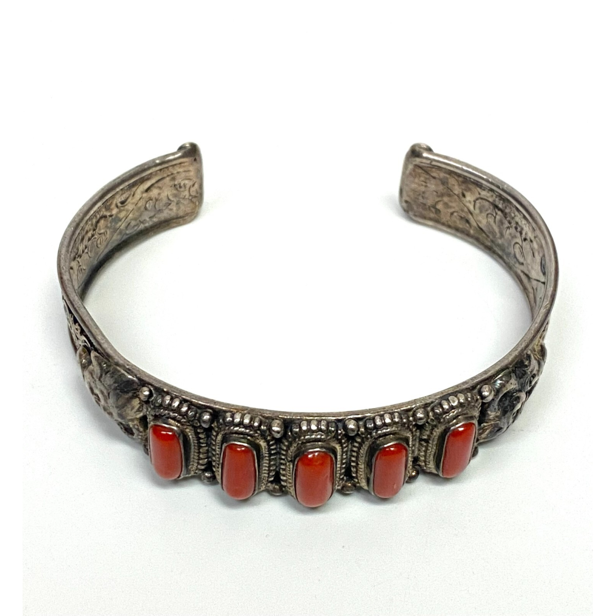 Vintage Silver Hand Bracelet Pure Red Coral Stone