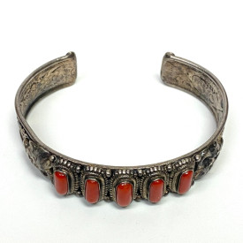 Vintage Silver Hand Bracelet Pure Red Coral Stone