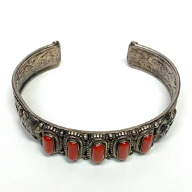 Vintage Silver Hand Bracelet Pure Red Coral Stone