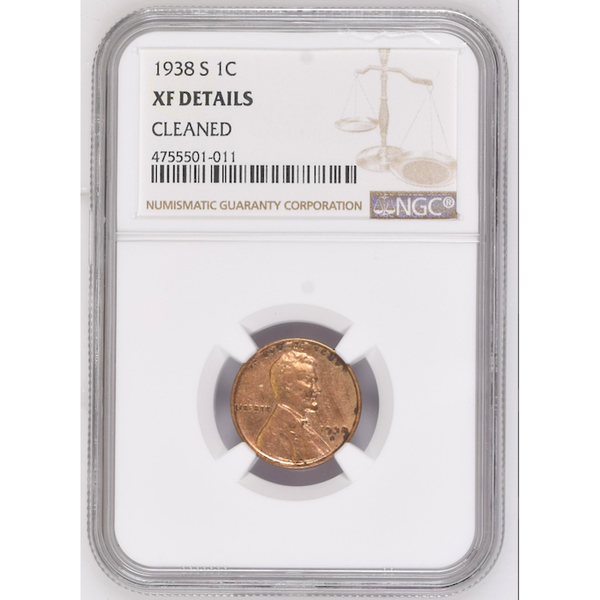 NGC 1938 S 1C LINCOLN CENTS, WHEAT REVERSE XF DETAILS