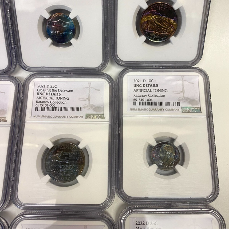 NGC UNC Details–8 Coins: Artificial Toning (7×25C, 1×10C), Altered Color (1×1C) NGC UNC Details–8 Coins: Artificial Toning (7×25C, 1×10C), Altered Color (1×1C)