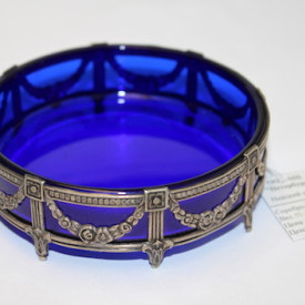 Vintage Cobalt Blue Glass Russian Silver 875 Ash Tray With Tag 