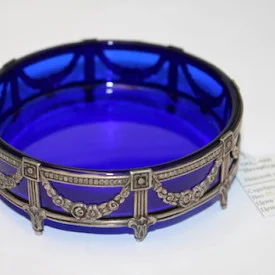 Vintage Cobalt Blue Glass Russian Silver 875 Ash Tray With Tag 