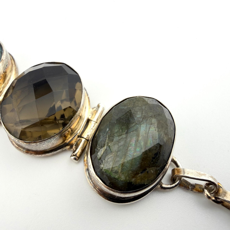 Sterling Silver 925 Large Smokey Quartz and Labradorite Gemstone Bracelet