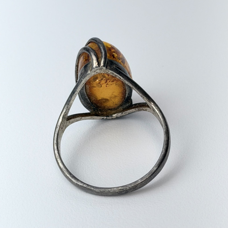 Elegant Antique French Art Nouveau Sterling Silver w Amber stone, sz 9.0