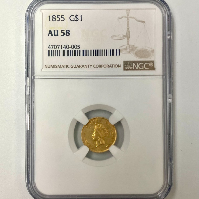 1855 $1 Indian Princess Head Gold Dollar NGC AU 58 1855 $1 Indian Princess Head Gold Dollar NGC AU 58