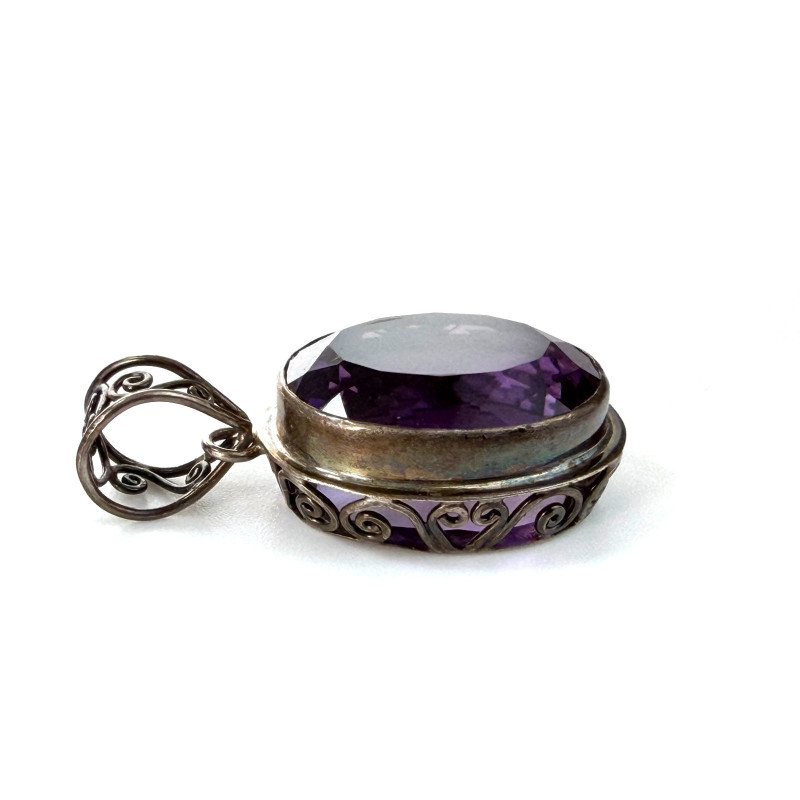 925 Sterling Silver Vintage Real Dark Purple Oval Amethyst Gemstone Pendant