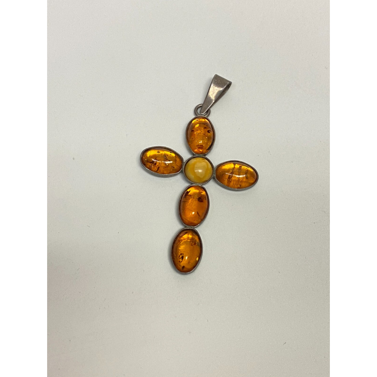 Vintage LARGE AMBER CROSS PENDANT Sterling Silver 53 on 35 mm