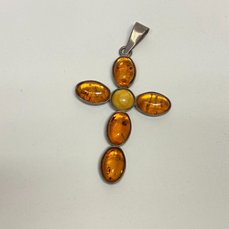 Vintage LARGE AMBER CROSS PENDANT Sterling Silver 53 on 35 mm