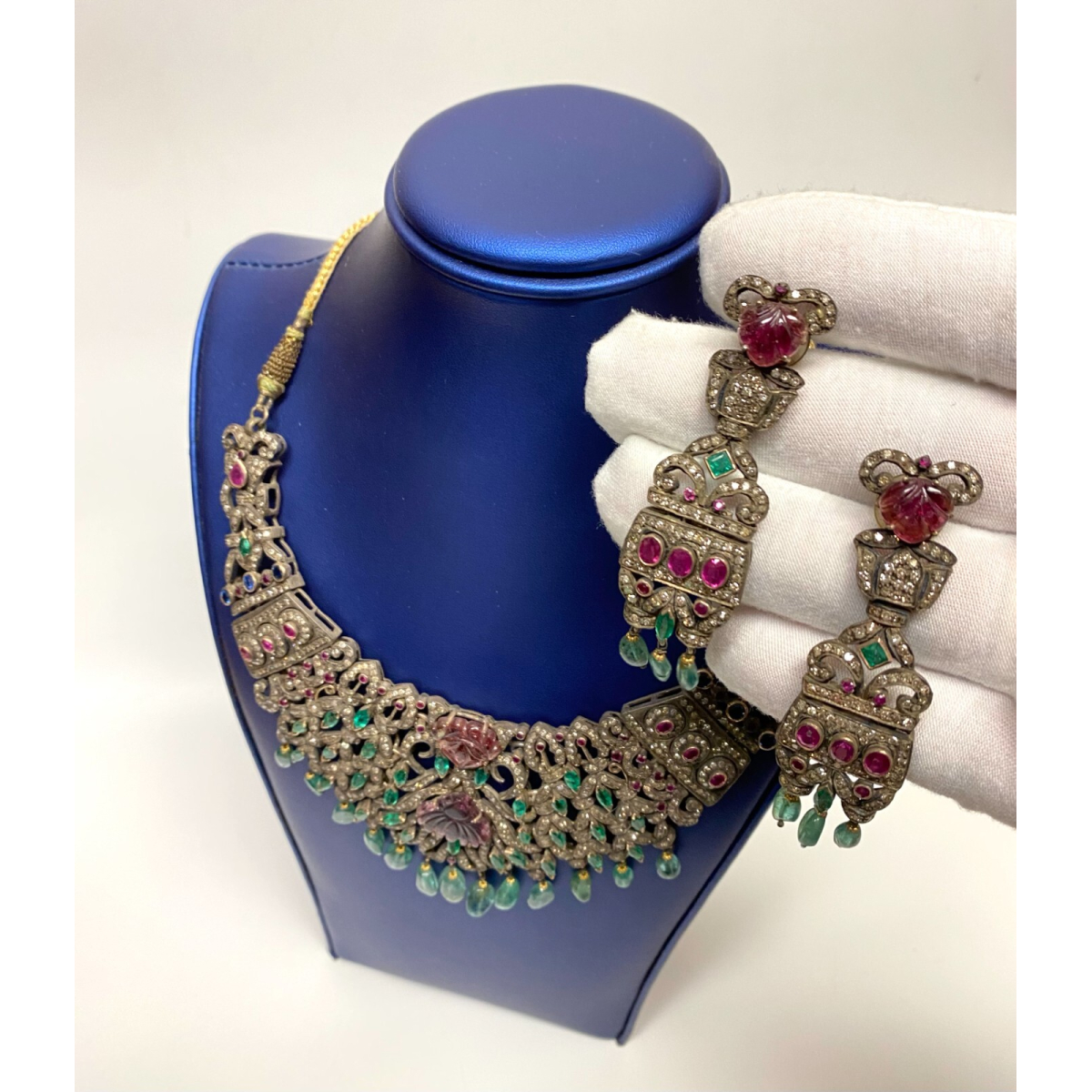 Antique Handmade Necklace and Earrings Diamond Tourmaline Ruby Emerald Sapphire