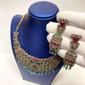 Antique Handmade Necklace and Earrings Diamond Tourmaline Ruby Emerald Sapphire