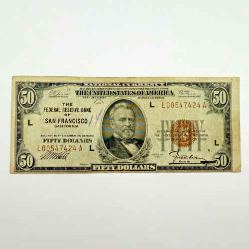 1929 $50 FRBN San Francisco (L), Brown Seal RARE 1929 $50 FRBN San Francisco (L), Brown Seal RARE