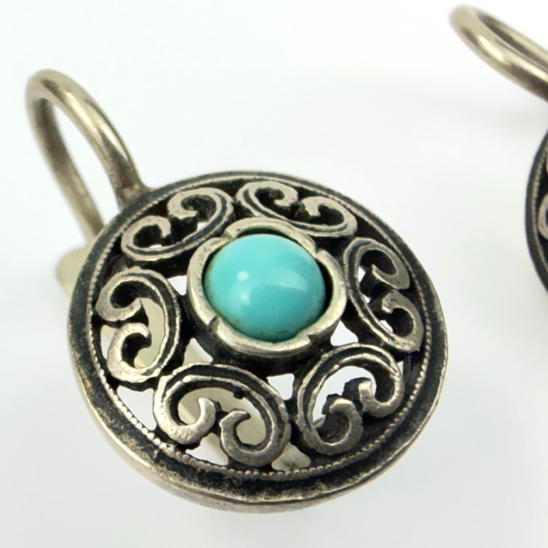 Vintage Openwork Silver Round Earrings with Turquoise