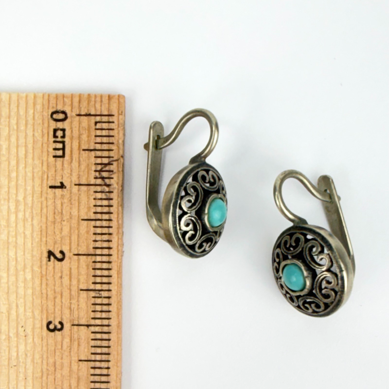 Vintage Openwork Silver Round Earrings with Turquoise