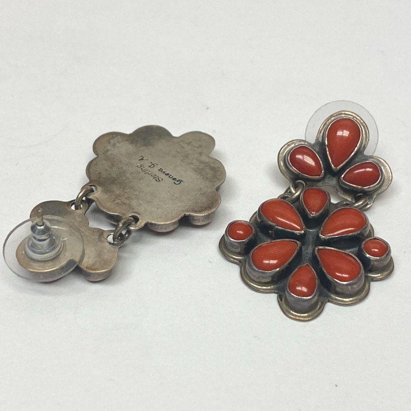 Geneva g. A. Sterling Silver CLUSTER DANGLE EARRINGS Red Mediterranean CORAL