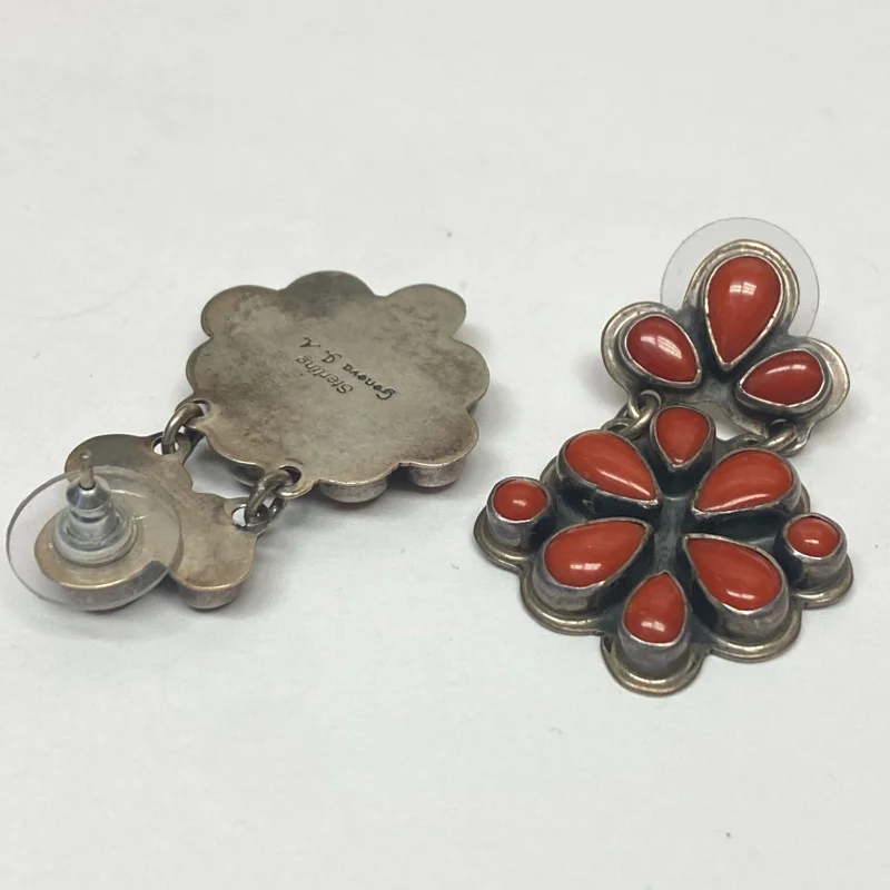 Geneva g. A. Sterling Silver CLUSTER DANGLE EARRINGS Red Mediterranean CORAL