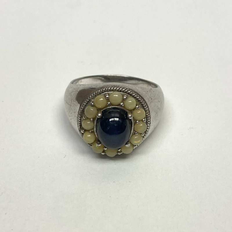 Blue Star Sapphire & Opal gems stones Silver 925 Ring, Size 12 