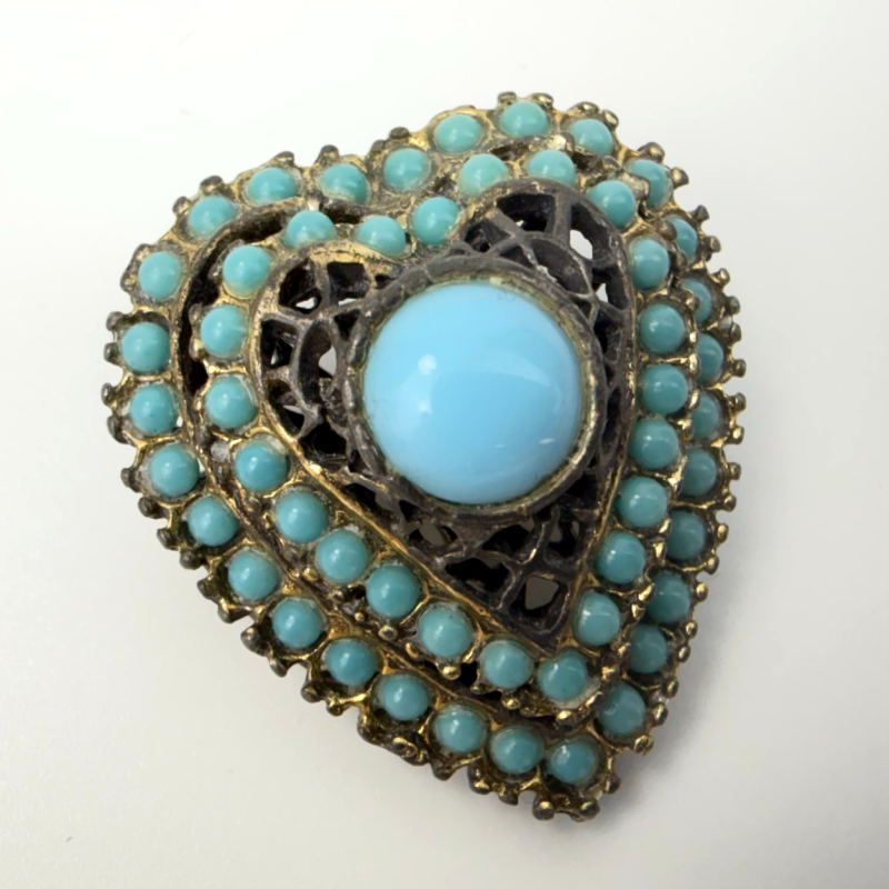 Vintage Gold Tone Metal Blue Turquoise Domed Heart Pin Brooch