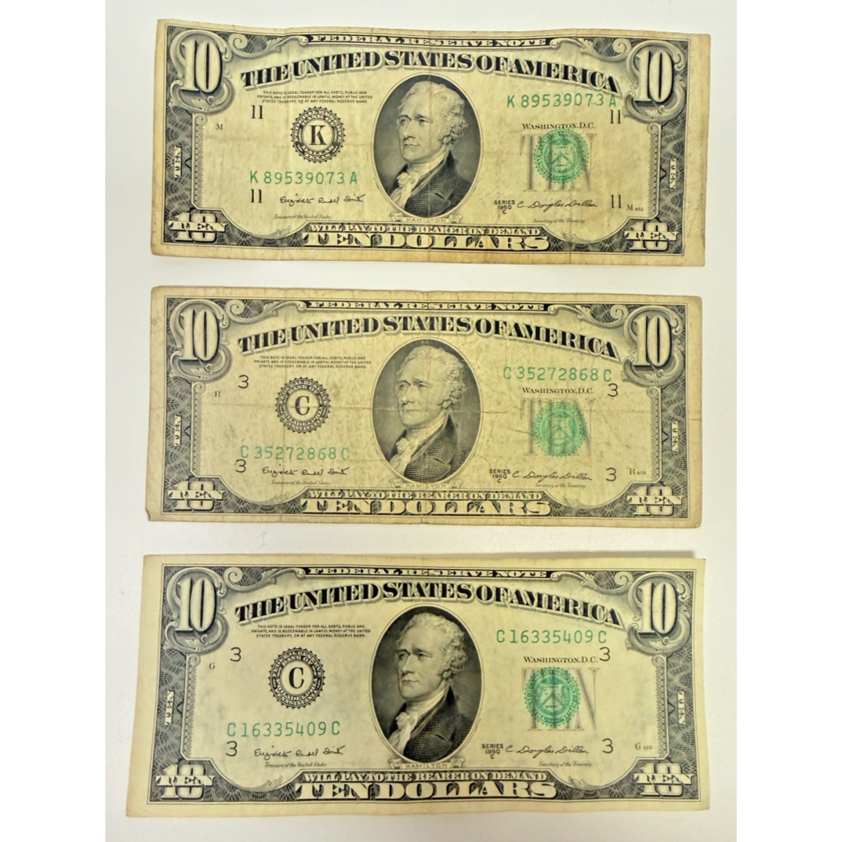 Lot of 3 Series 1950C $10 Federal Reserve Notes Old U.S. Ten Dollar Bills