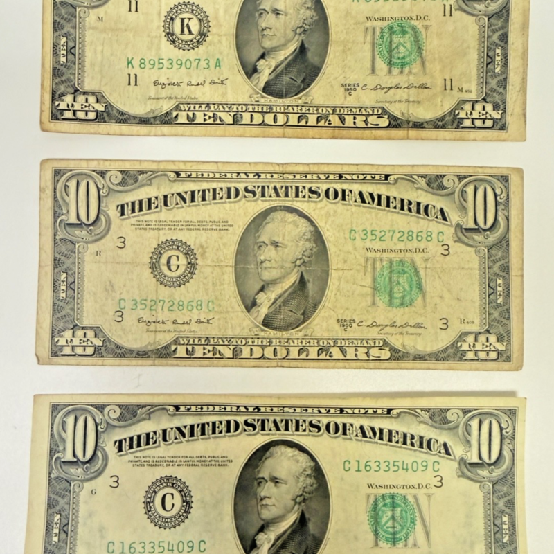 Lot of 3 Series 1950C $10 Federal Reserve Notes Old U.S. Ten Dollar Bills