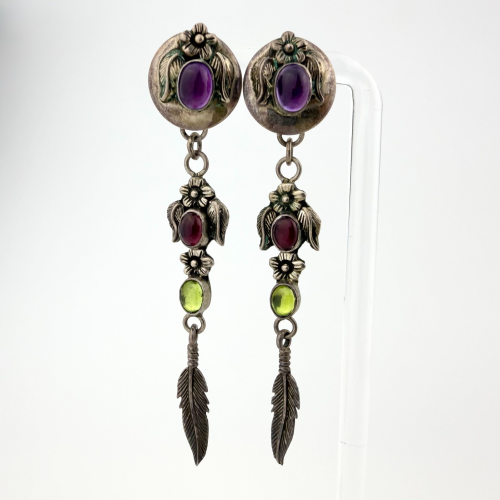 Carol Felley Sterling Silver Native American Dangle Earrings – Floral & Feather