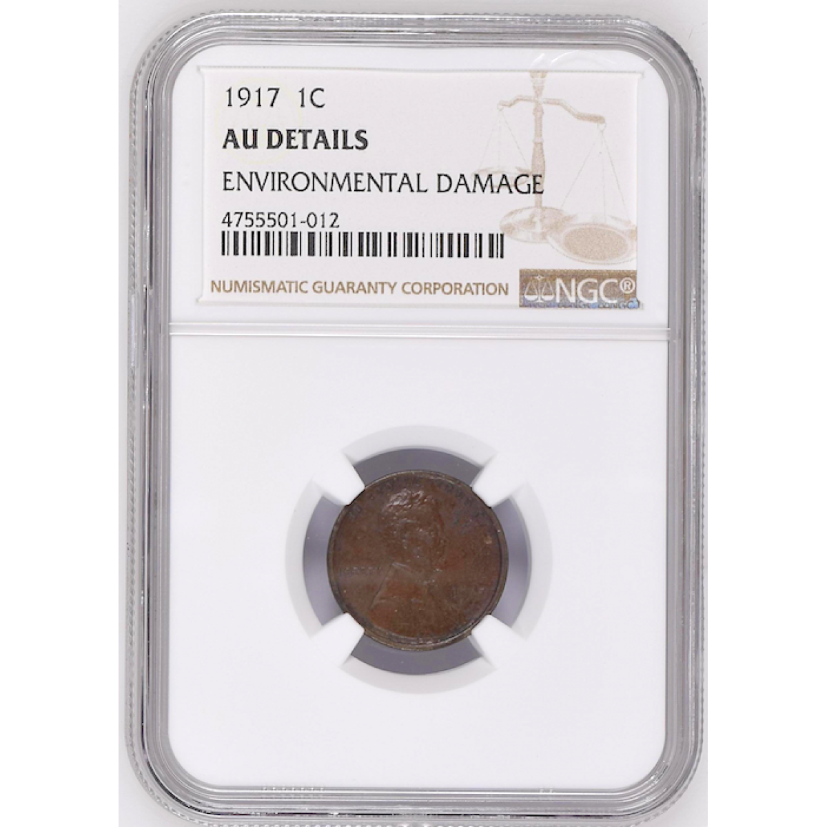 NGC 1917 1C LINCOLN CENTS,WHEAT REVERSE AU DETAILS ENVIRONMENTAL DAMAGE 