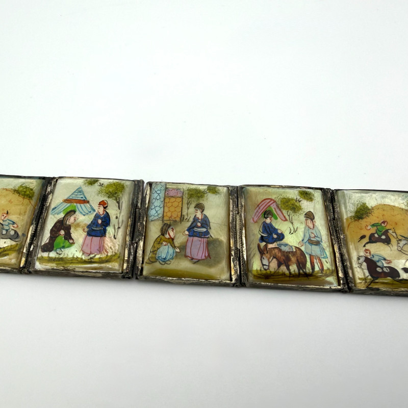 Vintage Antique Persian Miniature Painting Mother of Pearl Silver Bracelet