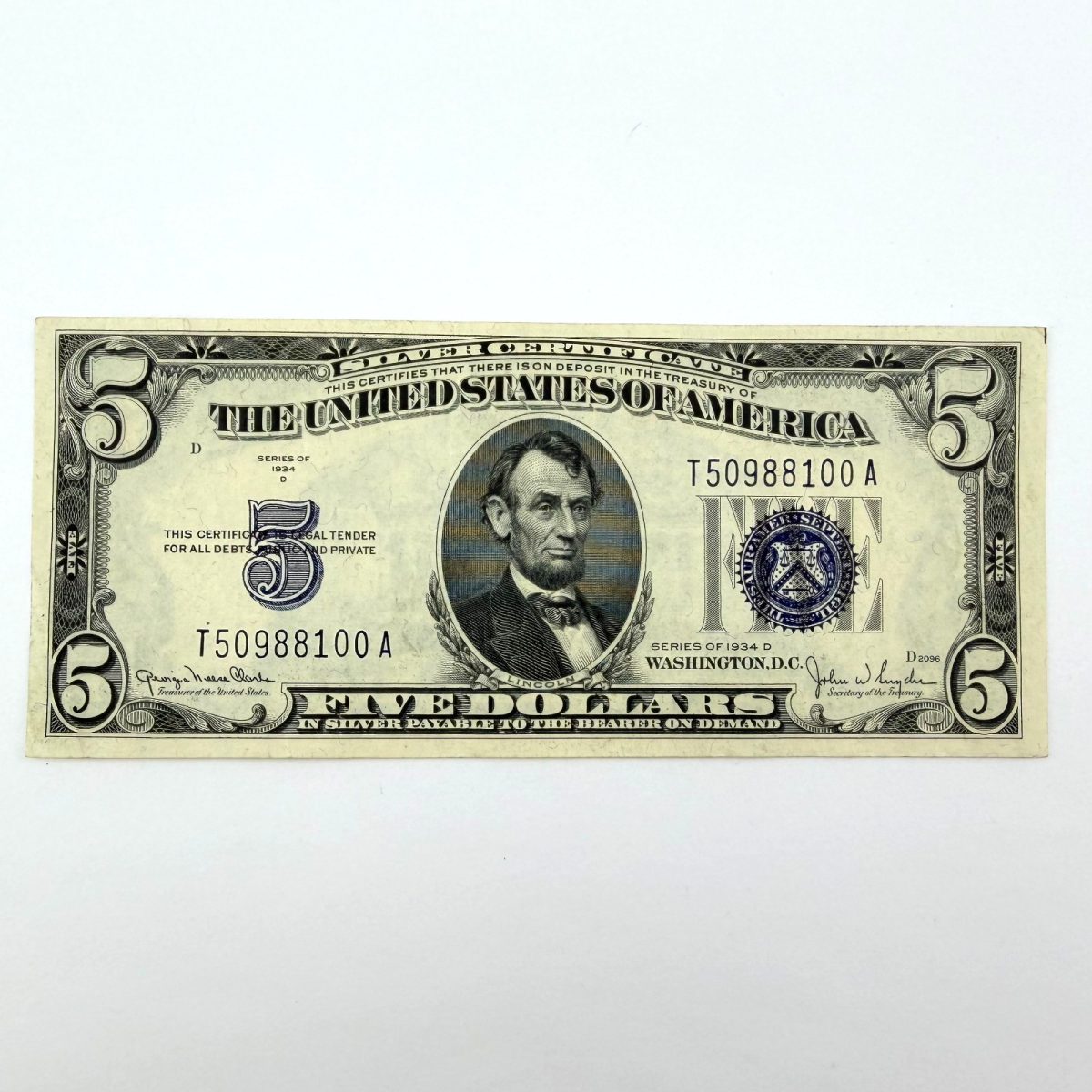 1934-D Series $5 Blue Seal Silver Certificate - Serial T50988100A