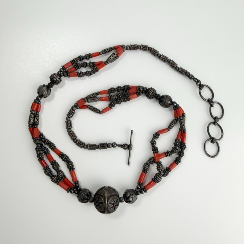 Tibetan Vintage Handmade jewelry set with silver and red coral beads