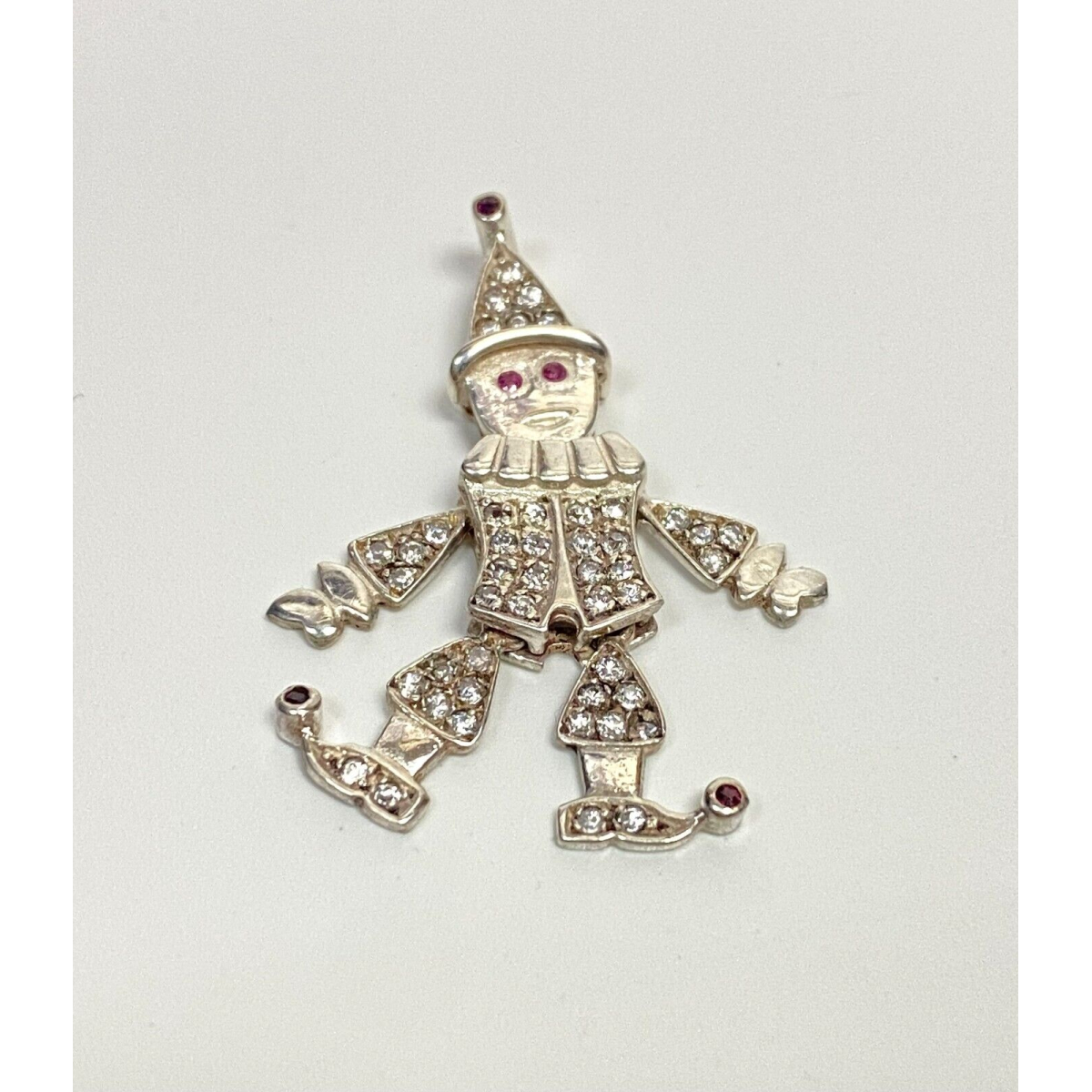 White Sapphires and Rubies Jointed Clown Silver Pendant