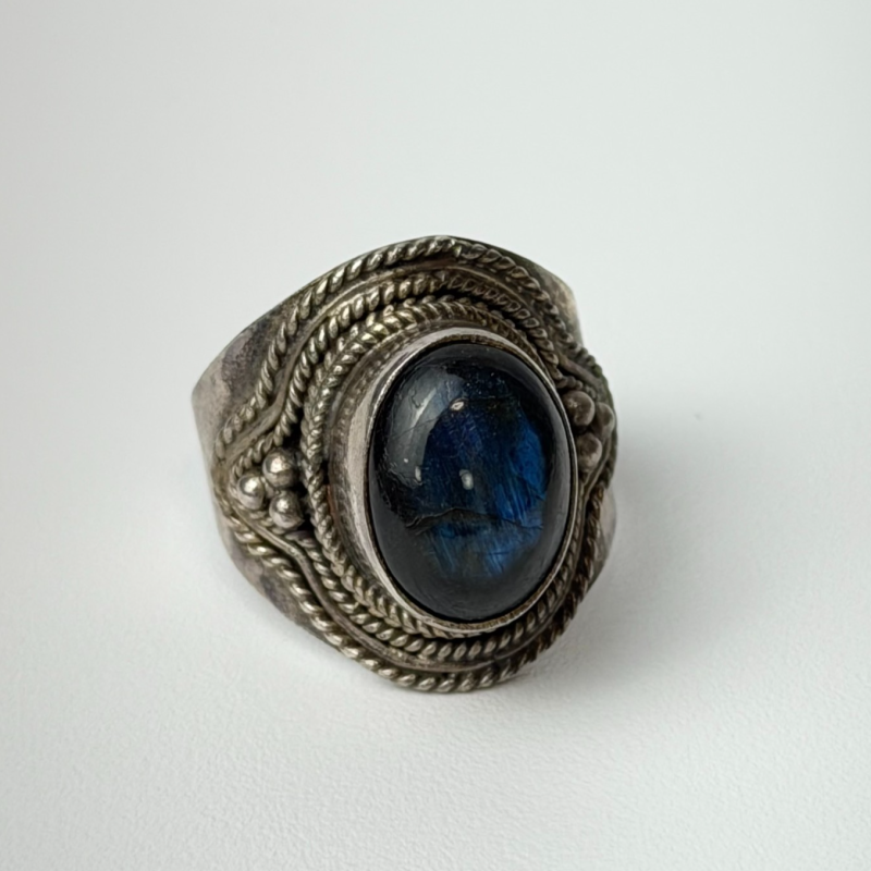 Vintage Bohemian Sterling Silver Natural Black Opal Ring Size 8.5