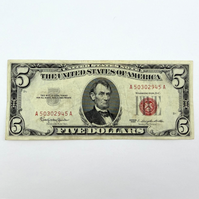 1953 Series $5 Red Seal United States Note - Serial A50302945A, Boston A Distr. 1953 Series $5 Red Seal United States Note - Serial A50302945A, Boston A Distr.