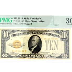1928 $10 Gold Certificate Yellow Seal AA Block PMG 30 VF - serial # A46662400A