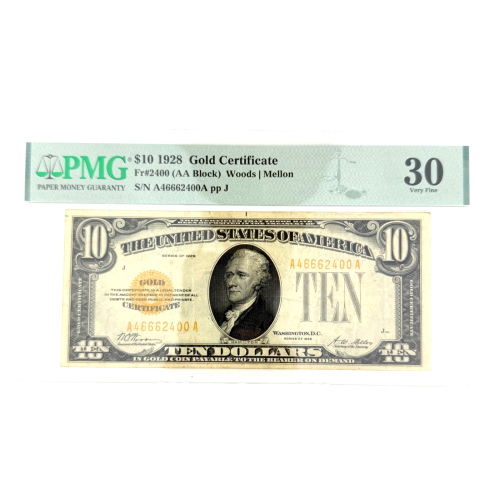 1928 $10 Gold Certificate Yellow Seal AA Block PMG 30 VF - serial # A46662400A 1928 $10 Gold Certificate Yellow Seal AA Block PMG 30 VF - serial # A46662400A